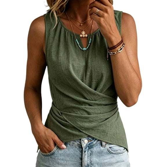 hotojiny Linen Tops for Women Slim Fit Sleeveless V Neck Tee Shirts Warp Vacation Fashion Clothes Summer Trendy