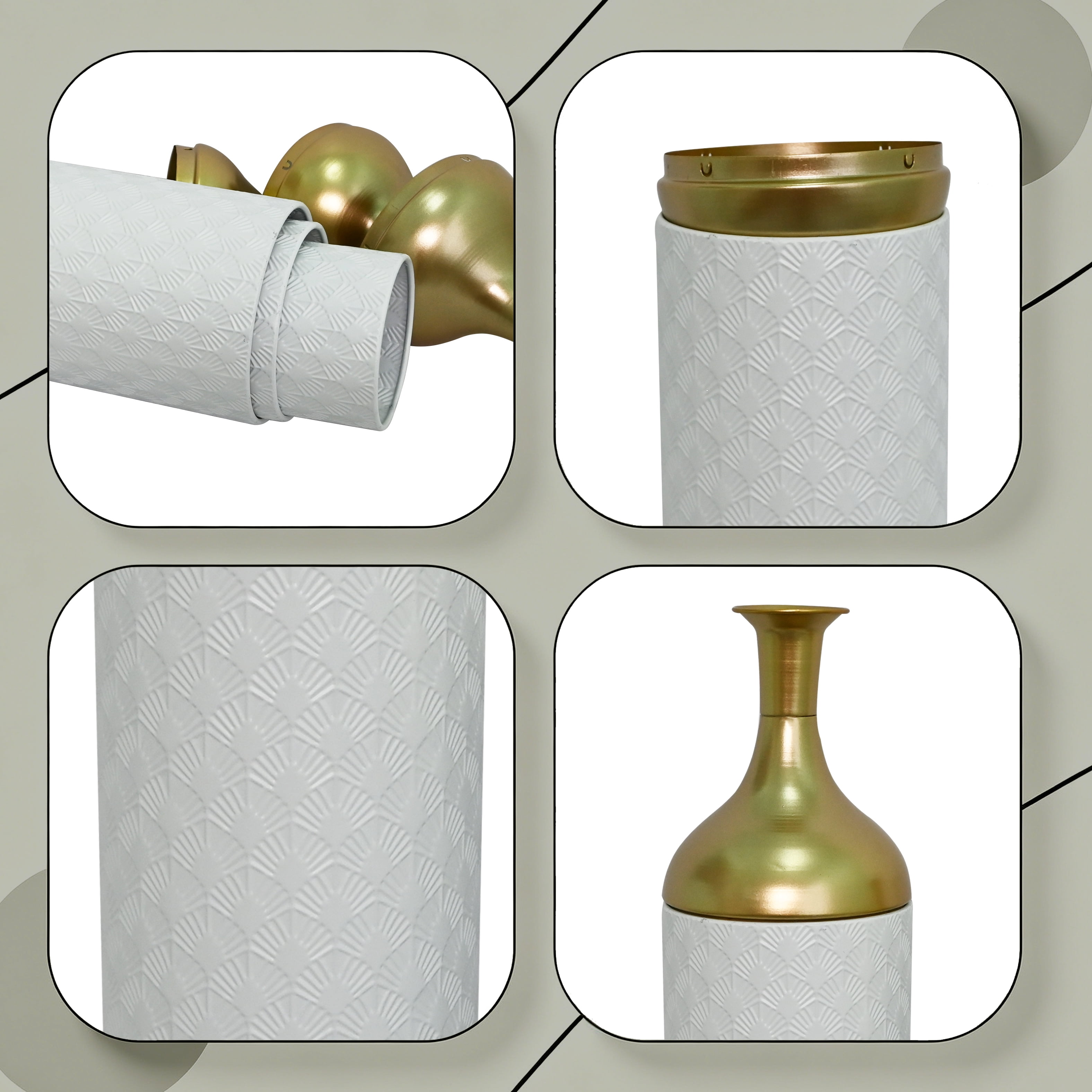 Metal Floor Vases Set of 3 with Leaf Pattern, Tall Decorative Vases and Home Decor Accents for Living Room Entryway, White and Gold