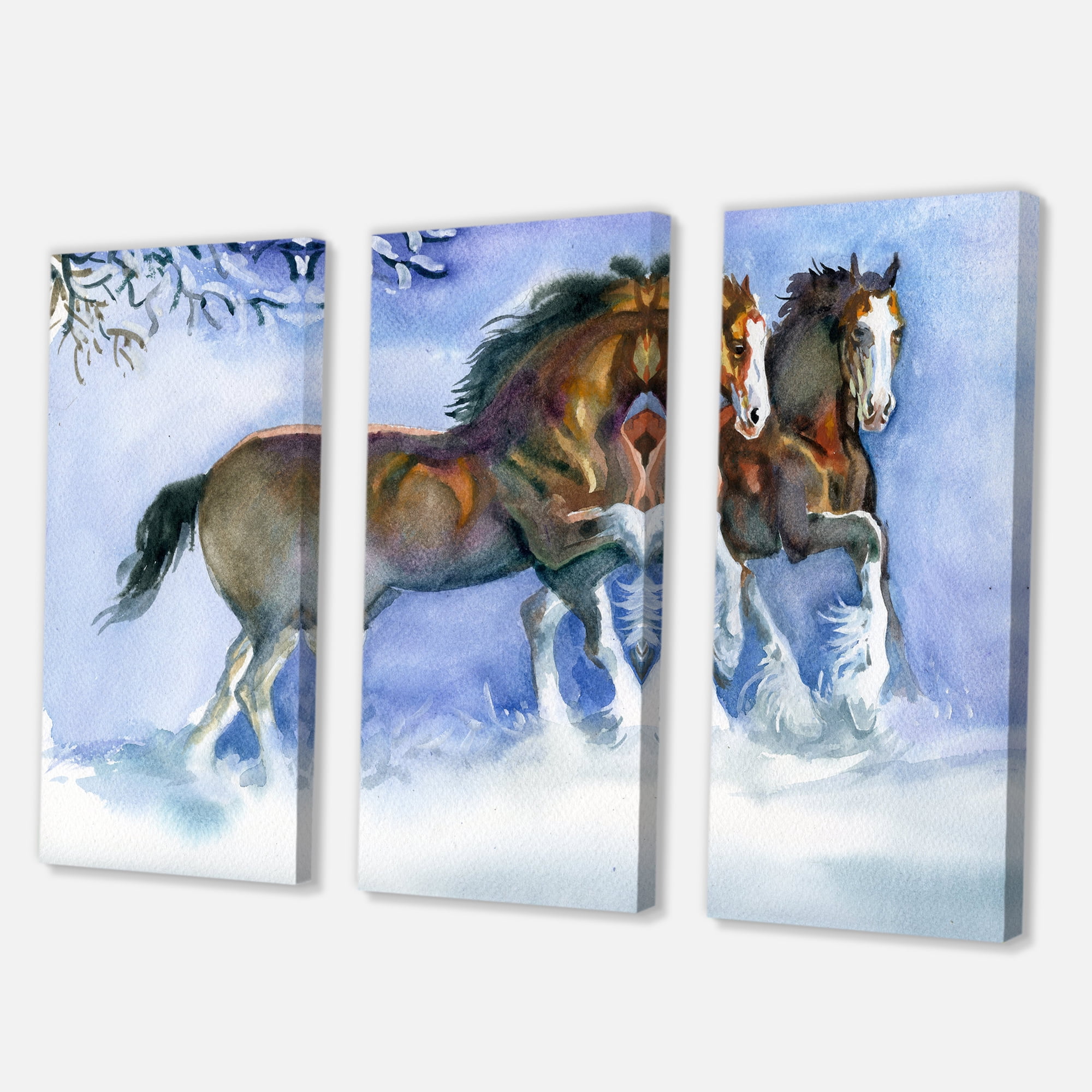 Horses Running In Winter On Blue 28 in x 36 in Painting Canvas Art Print, by Designart