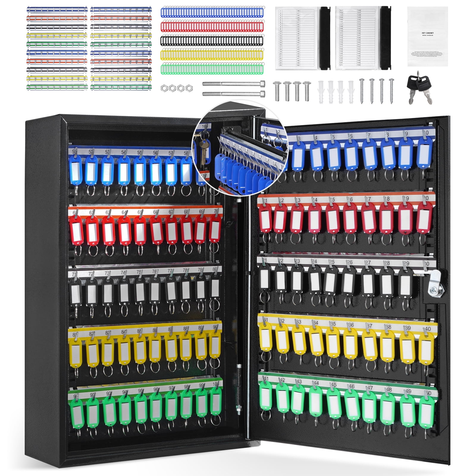 KFFKFF 200-Key Cabinet Key Lock Box with Adjustable Racks & Colorful Key Tags