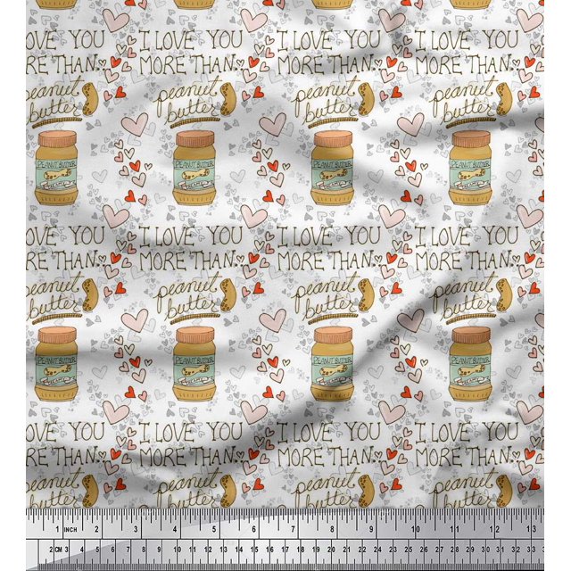 Soimoi White polyester Crepe Fabric Text & Peanut Butter Food Fabric Prints By Yard 52 Inch Wide