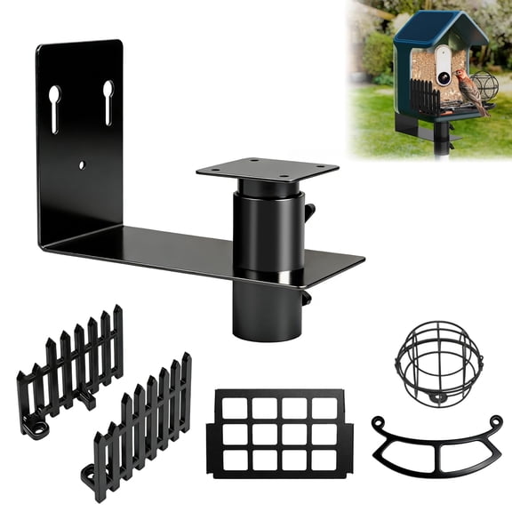 Versatile Bird Feeder Wall Mount for Bird Buddy, with Metal Bird Seed Guard/3 Pcs Perch Extender & Side Fence/Metal Suet Ball Holder