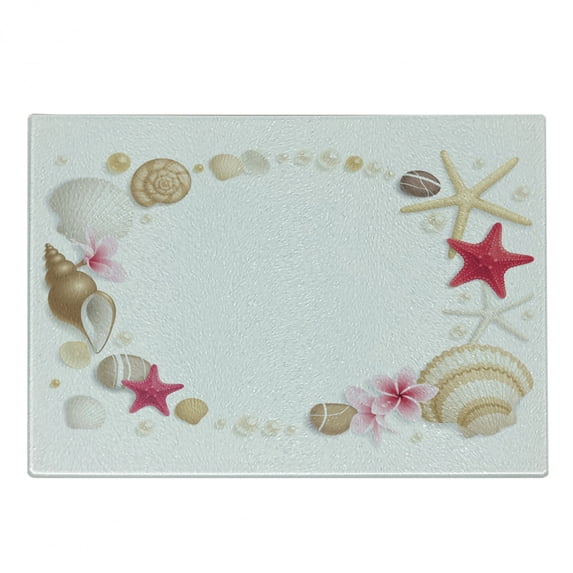 Pearls Cutting Board, Frame Seashells Starfish Stones Frangipani Exotic Flower Pattern Print Art, Decorative Tempered Glass Cutting and Serving Board, Small Size, Beige Fuchsia, by Ambesonne