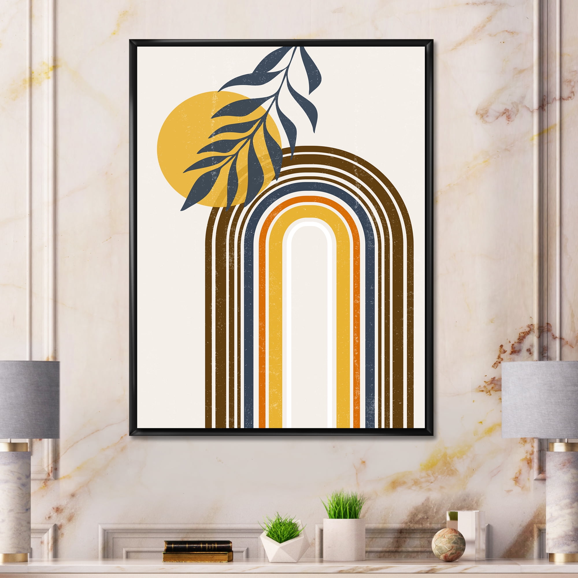 Designart 'Abstract Moon Sun Leaves II' Modern Framed Canvas Wall Art Print