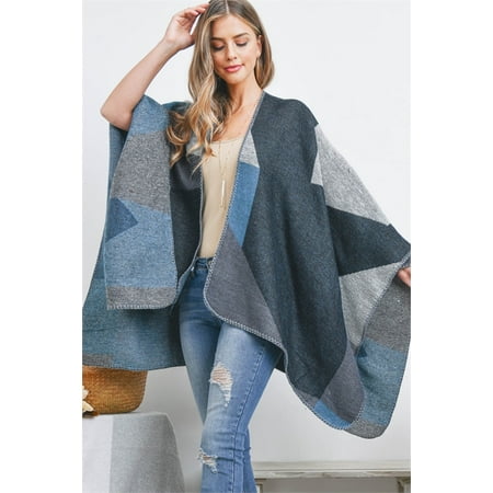 Riah Fashion OPEN FRONT GEOMETRIC SHAPE PRINT RUANA WRAP KIMONO