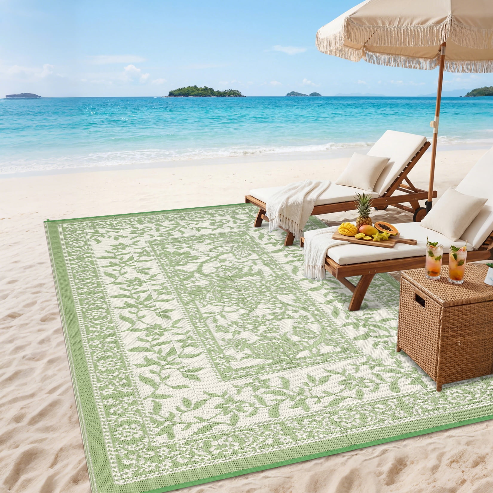 Outdoor Rug, Patio Waterproof, Reversible Plastic Straw Camping Rug, Botanical Grove Vintage Cottage core Outdoor Mat for RV, Deck, Picnic, Beach