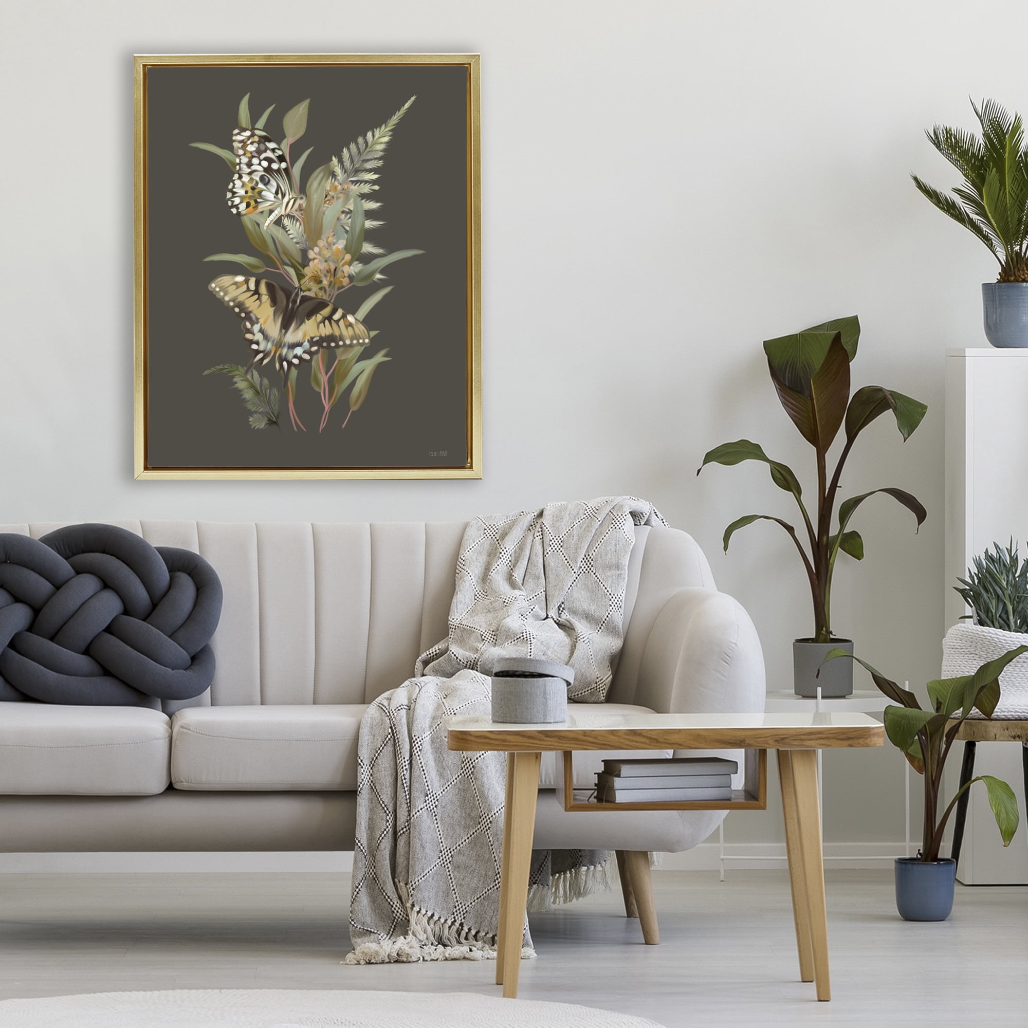 Stupell Industries Twin Swallowtails & Greenery Gold Framed Floater Canvas Wall Art, design by House Fenway