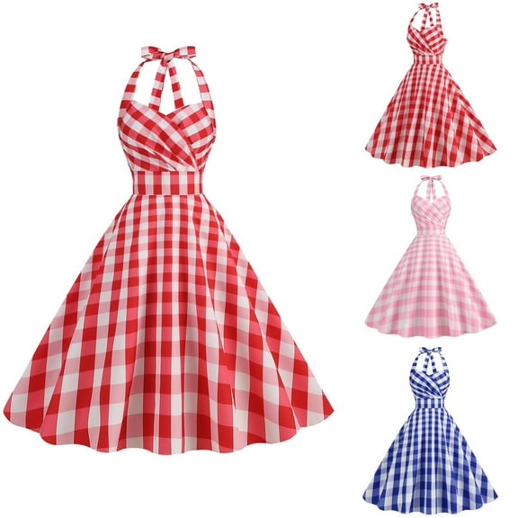 Antinious Ladies Summer Dress,Elegant Dresses for Women,Party Dresses for Women V-Neck Sleeveless Checkered Print Hanging Neck Dress,Red,M