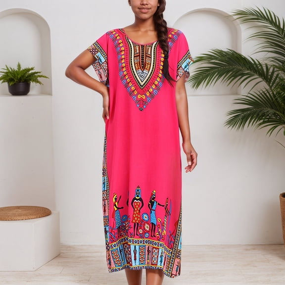 Women's Casual Long Kaftan Dress Scoop Neck Maxi Caftan Dress (Hot Pink One Size)
