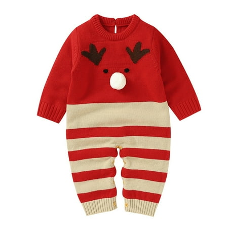 

Newborn Infant Boy Girl Christmas Deer Pompom Knitted Sweater Baby Striped Jumpsuit Romper Cotton 1 Piece Xmas Outfits Clothes Fashion Kids Parkas Outerwear