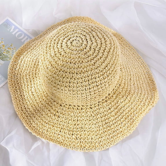 Women Wavy Ruffle Wide Brim Crochet Straw Sun Hat UPF 50+ UV Protection Packable Foldable Breathable Beach Travel Bucket Hat Beige