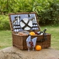 thumbnail image 2 of Picnic Basket Set for 4 Person / Rectangular Tote Hamper Kit - Insulated Waterproof Wicker Picnic Blanket w/ Plate Metal Flatware Table Supplies Wine Glasses Bottle Opener Blue Gingham Lining, 2 of 9