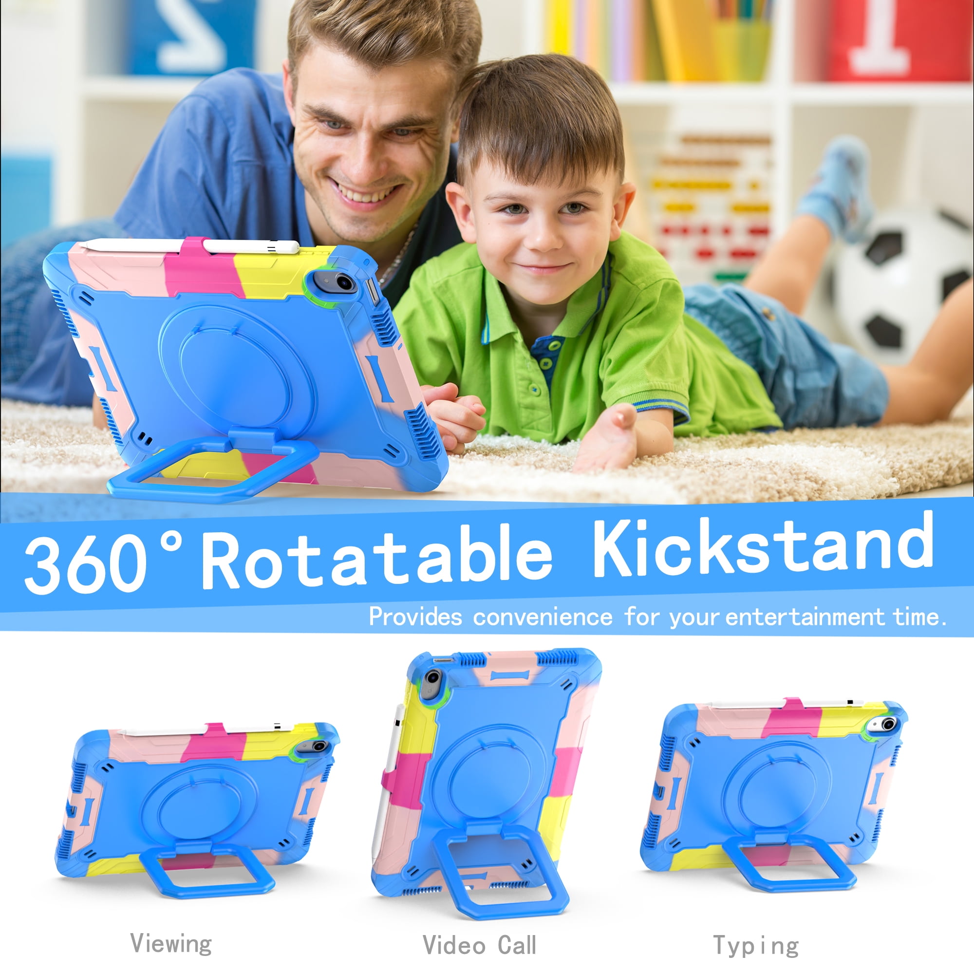 Dteck iPad 10th Generation Case, New iPad 2022 10.9 inch Rugged Case with Screen Protector, Rotating Stand/Pencil Holder/Carrying Shoulder Strap,Colorful Blue