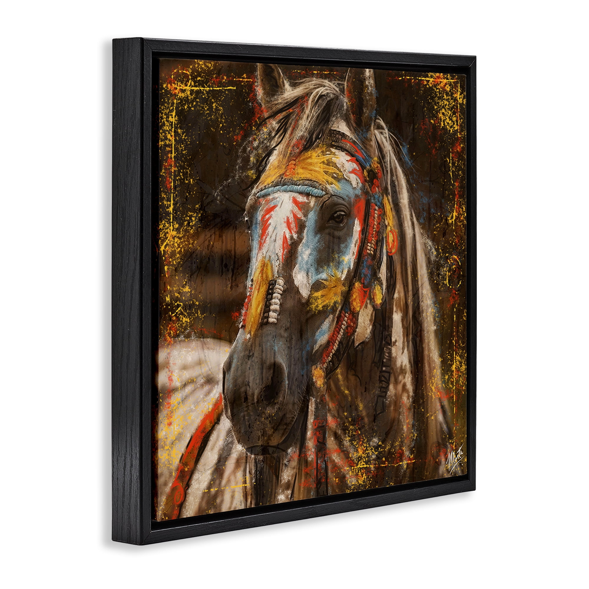 Stupell Industries Patterned Horse Visage Animals Painting Black Floater Framed Canvas Art Print Wall Art, 18 x 18
