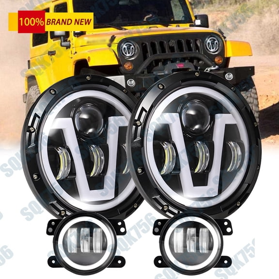 Start-up Halo 7" LED Headlights & Fog Lights Kit For Jeep Wrangler JK 2007-2018