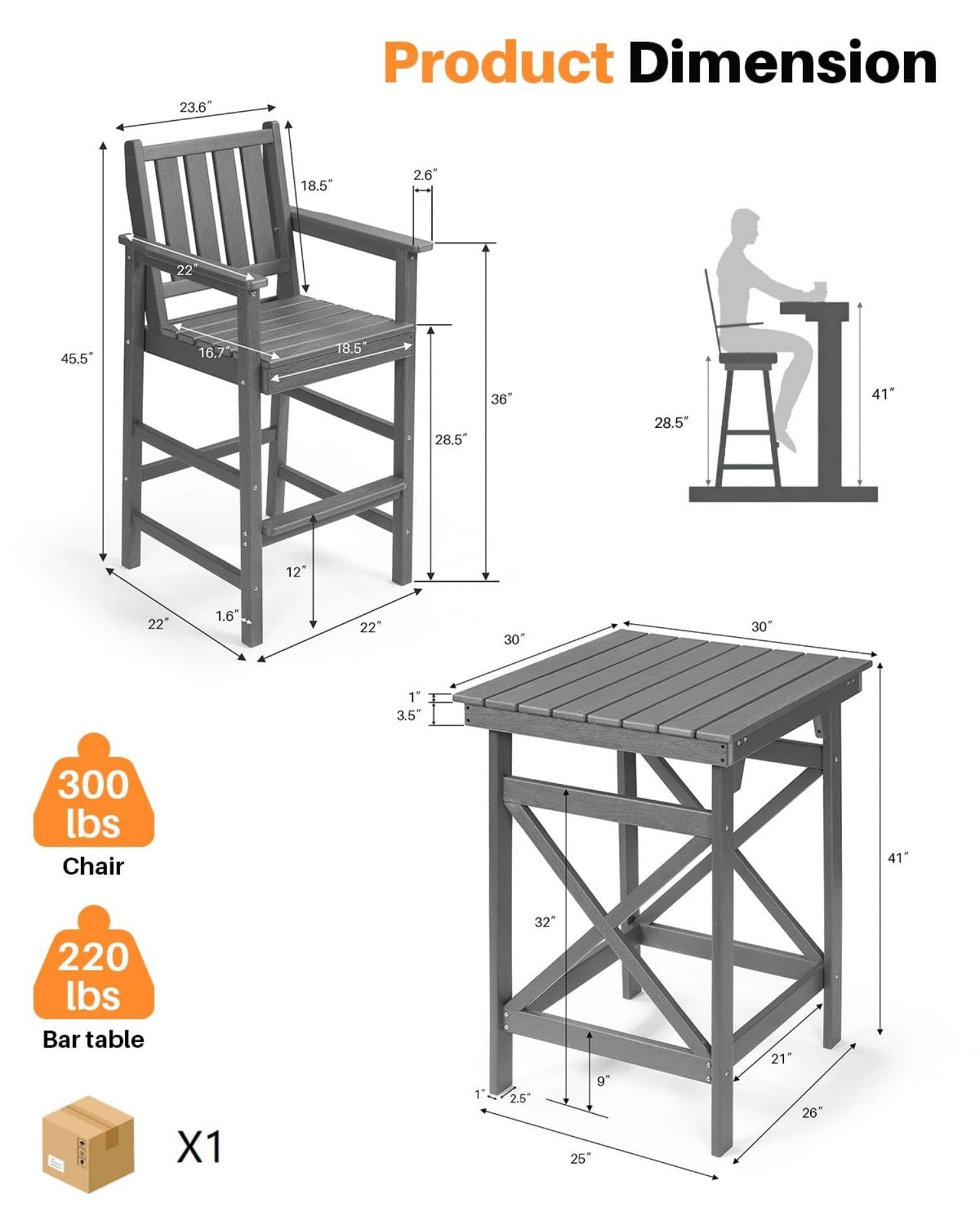 3-Piece Adirondack Bar Table Set, HDPE Outdoor Bar Height Chairs and Table Set, All Weather Patio Bar Furniture for Balcony, Porch, Garden, Poolside, Smoke Gray