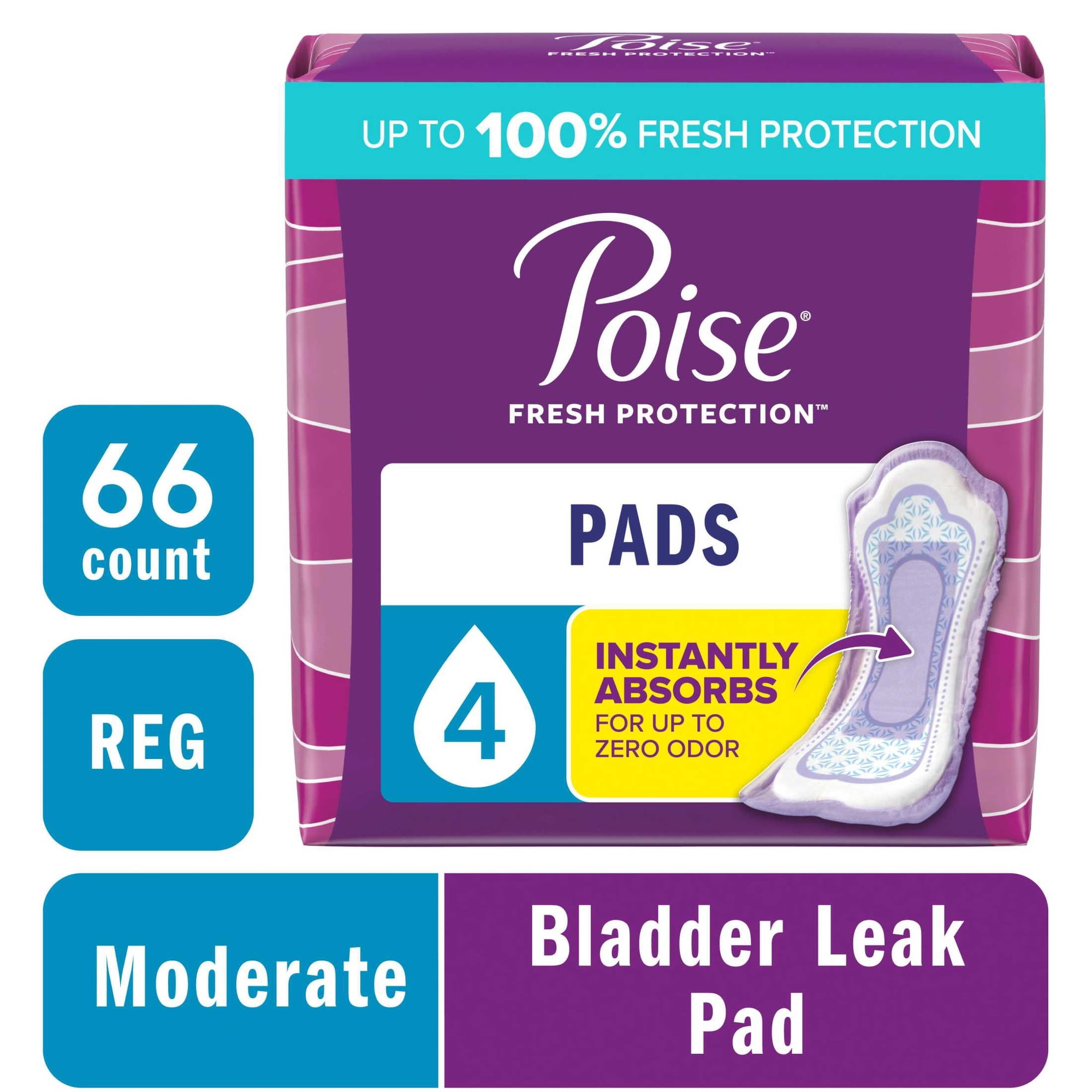 Poise Incontinence Pads for Women, 4 Drop Moderate Absorbency, Regular Length, 66 Count