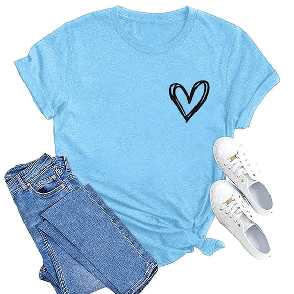Graphic Tees for Women T-Shirts Casual Summer Top for Women with Heart Print Graphic Lightweight Short Sleeve Tee Everyday Daily Wear Blue M
