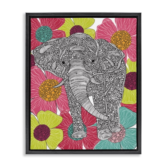 Stupell Industries Bohemian Bold Modern Elephant Flower Blossoms Intricate Patterns Black Floating Frame Canvas Art, 17 x 21, by Valentina Harper