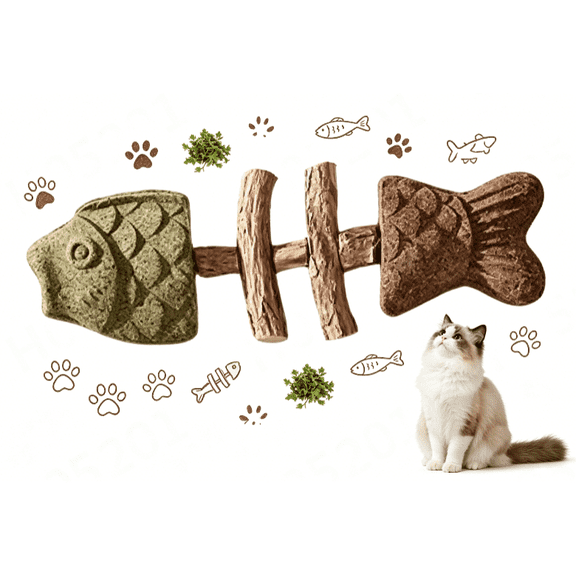 Fix Your Cat’s Dental Health, Natural Fishbone Catnip & Silvervine Chew Toy, Wooden Catnips Teeth Cleaning Stick, Interactive Kitten Chew Playthings, for Cats Teeth Cleaning (1pcs)