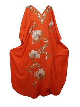 Mogul Women Orange Caftan Maxi Dress Bohemian Lounge Wear Kaftan One Size