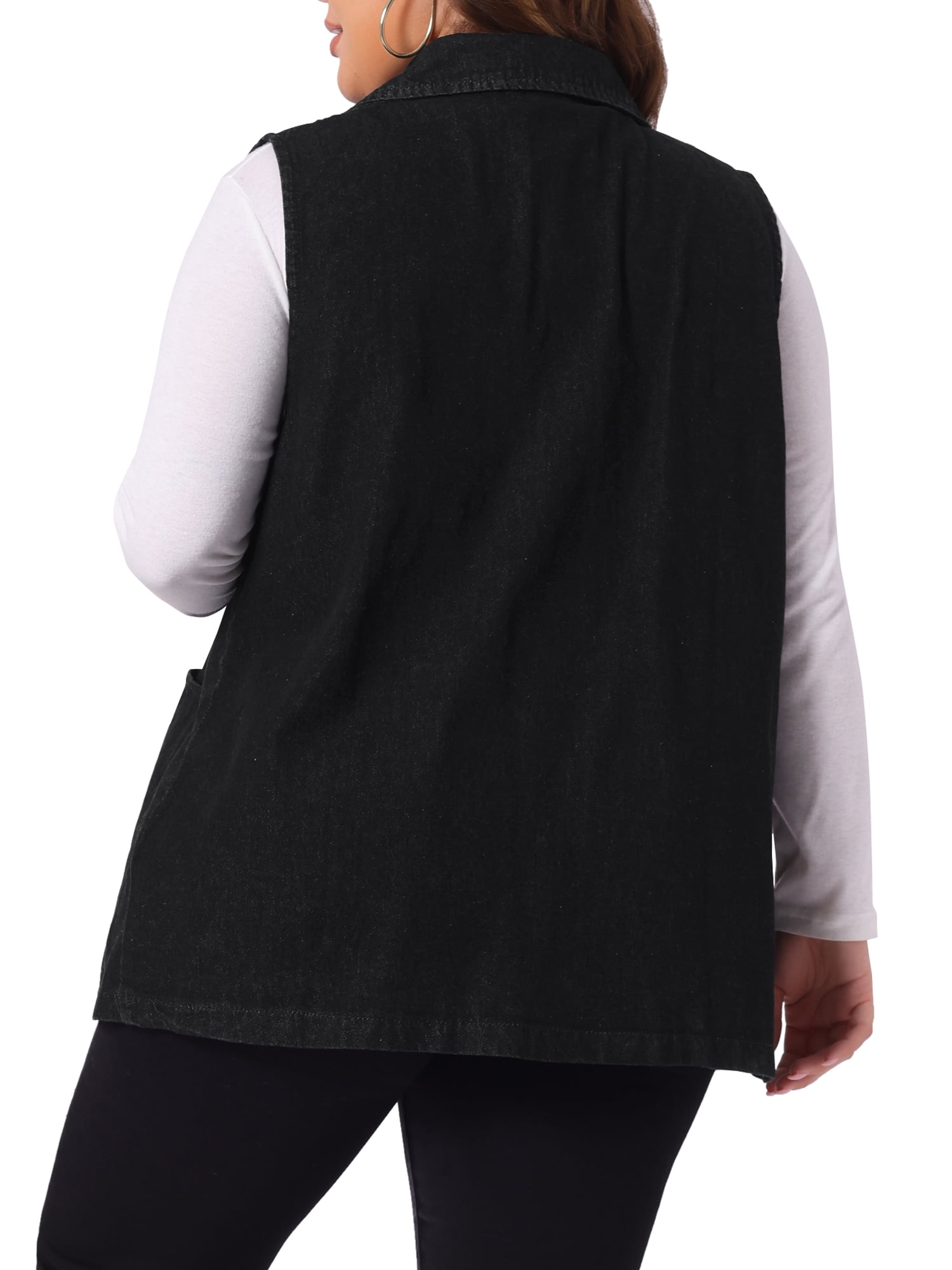 Unique Bargains Women's Plus Size Dressy Sleeveless Long Jean Jacket 2X Black