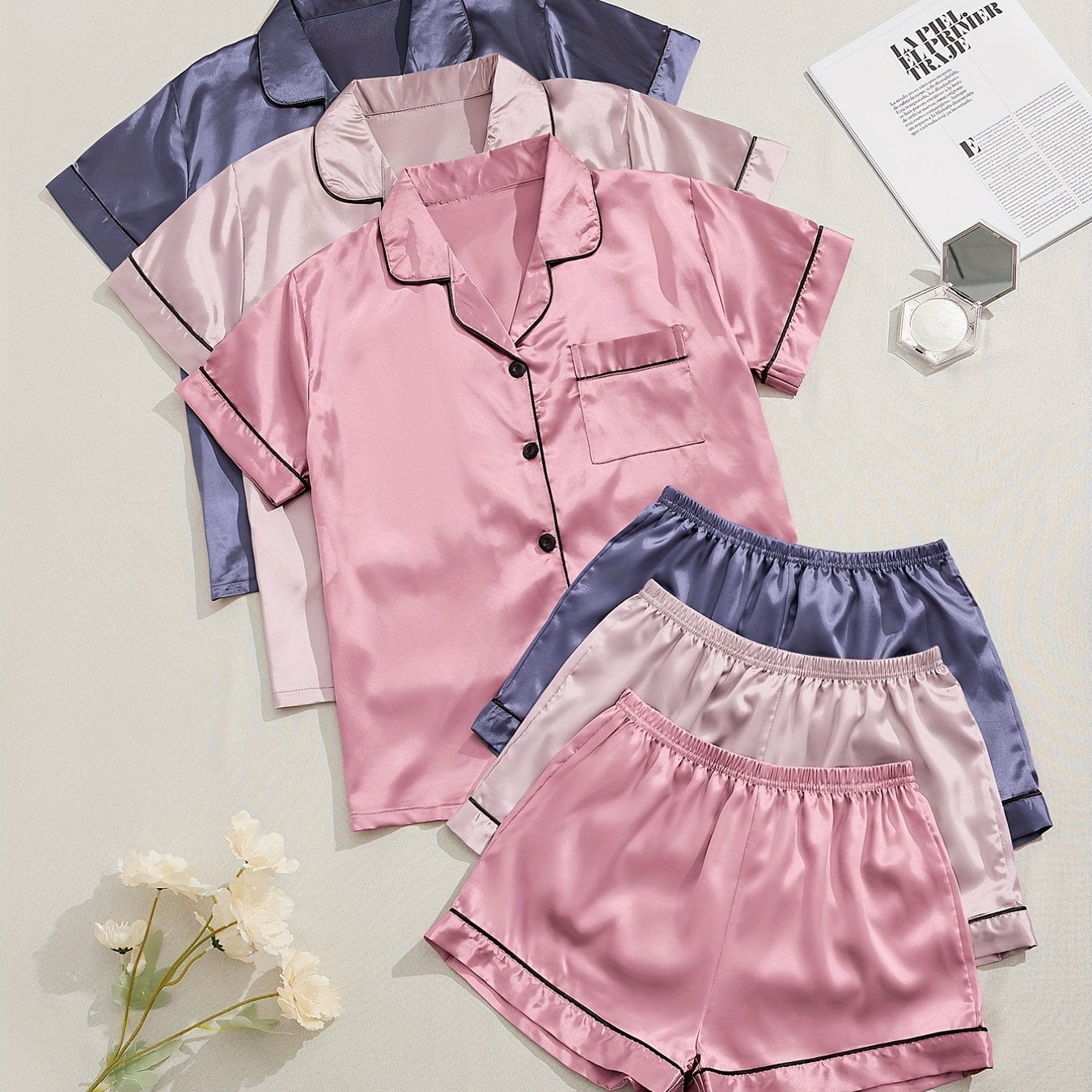3 Sets Satin Pajama Set Short Sleeve Lapel Top Elastic Waistband Shorts Women s Sleepwear Loungewear