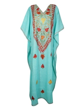 Mogul Women Blue Floral Maxi Caftan Kimono Sleeves Embroidered V-Neck Beach Kaftan 3XL