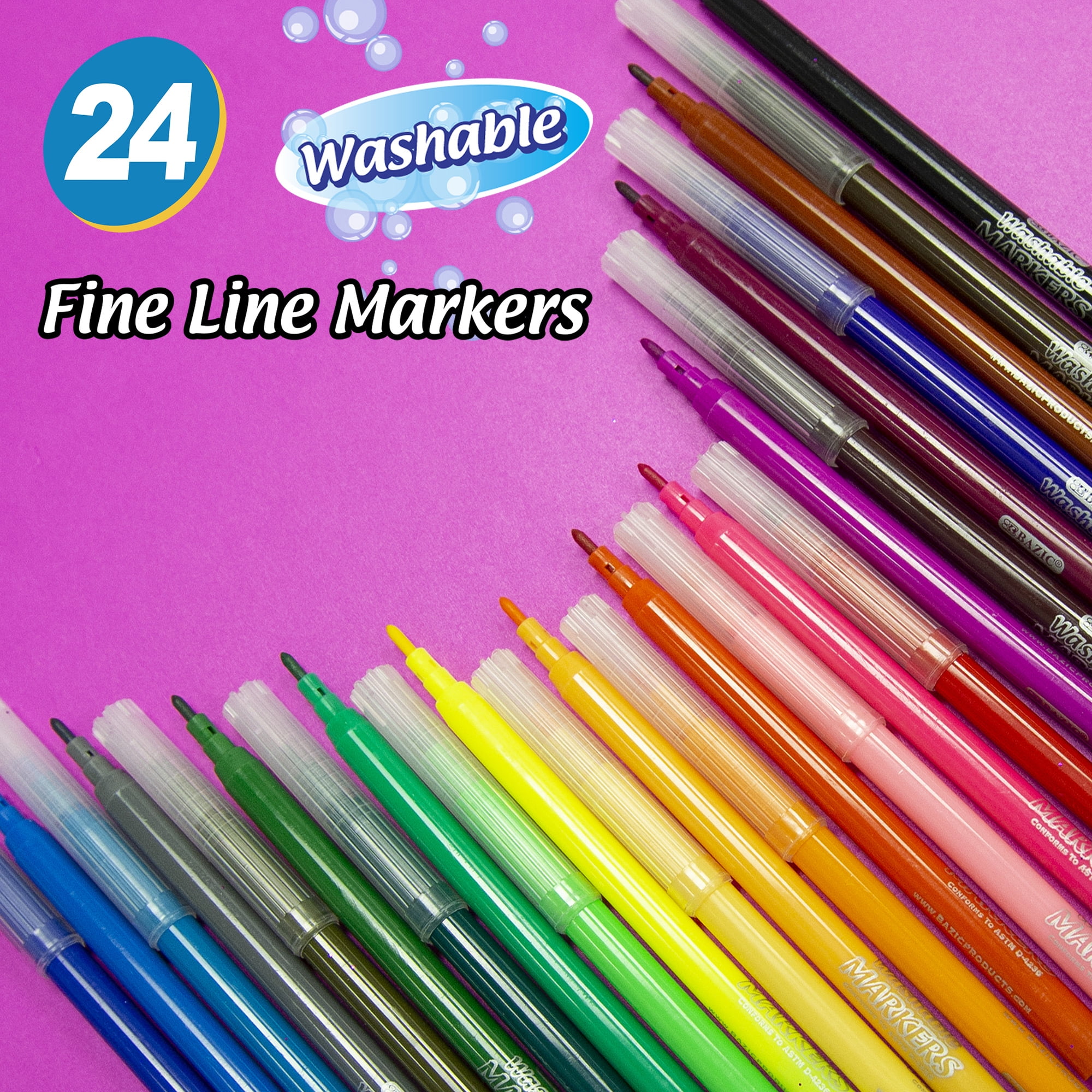 BAZIC Washable Markers Fine Line 12 Color, Thin Tip Coloring Marker, Non  Toxic Marcadorc Art School Supplies, Drawing Gift for Kids (12/Pack),  2-Packs