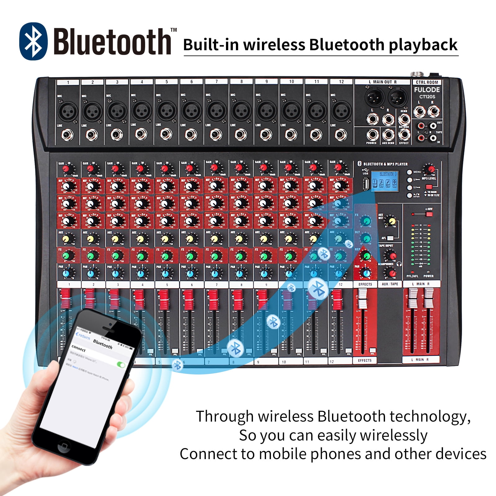 FULODE CT120S 12channel mixer audio,Console with Bluetooth USB, dj mixer,dj equipment for Computer Recording Input, 48V Power, Beginners