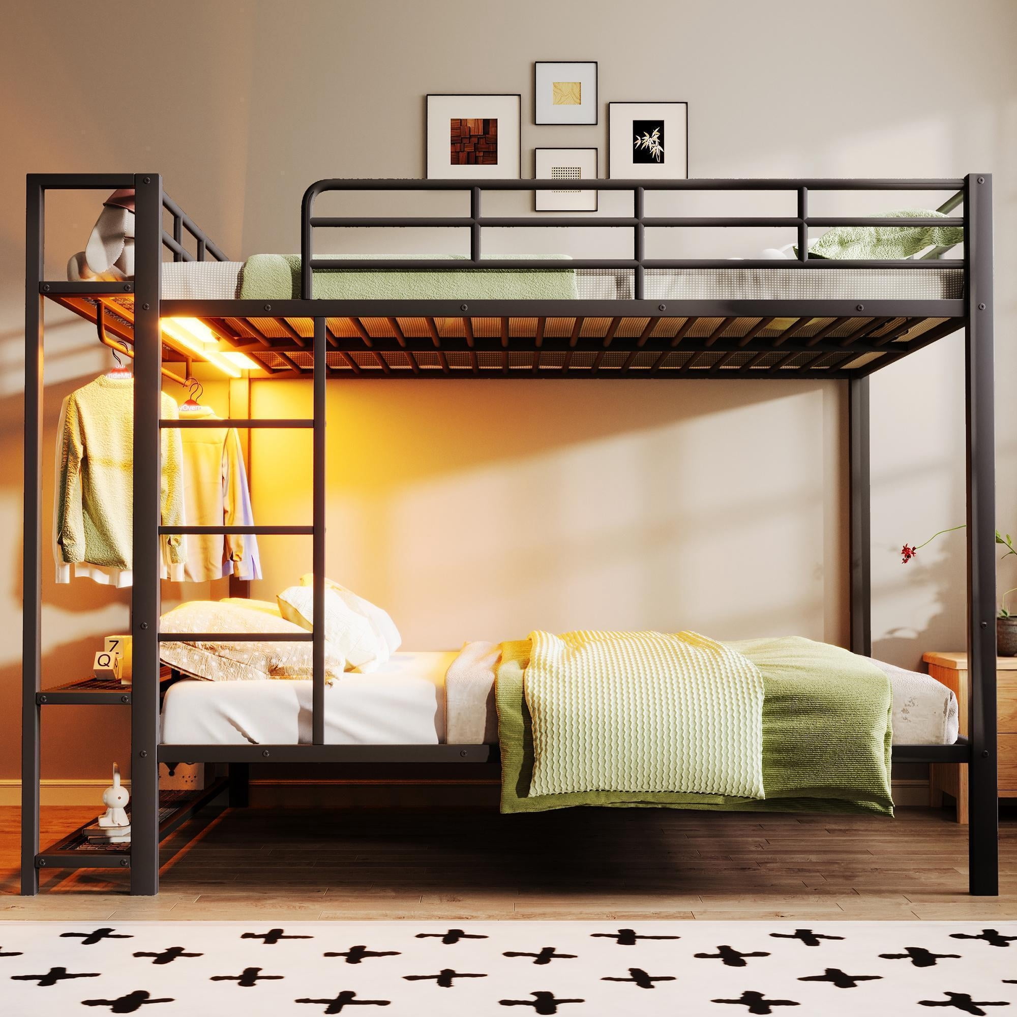 Full Size Metal Bunk Bed with Storage Mesh Shelves and Clothes Hooks,LED Light,Black
