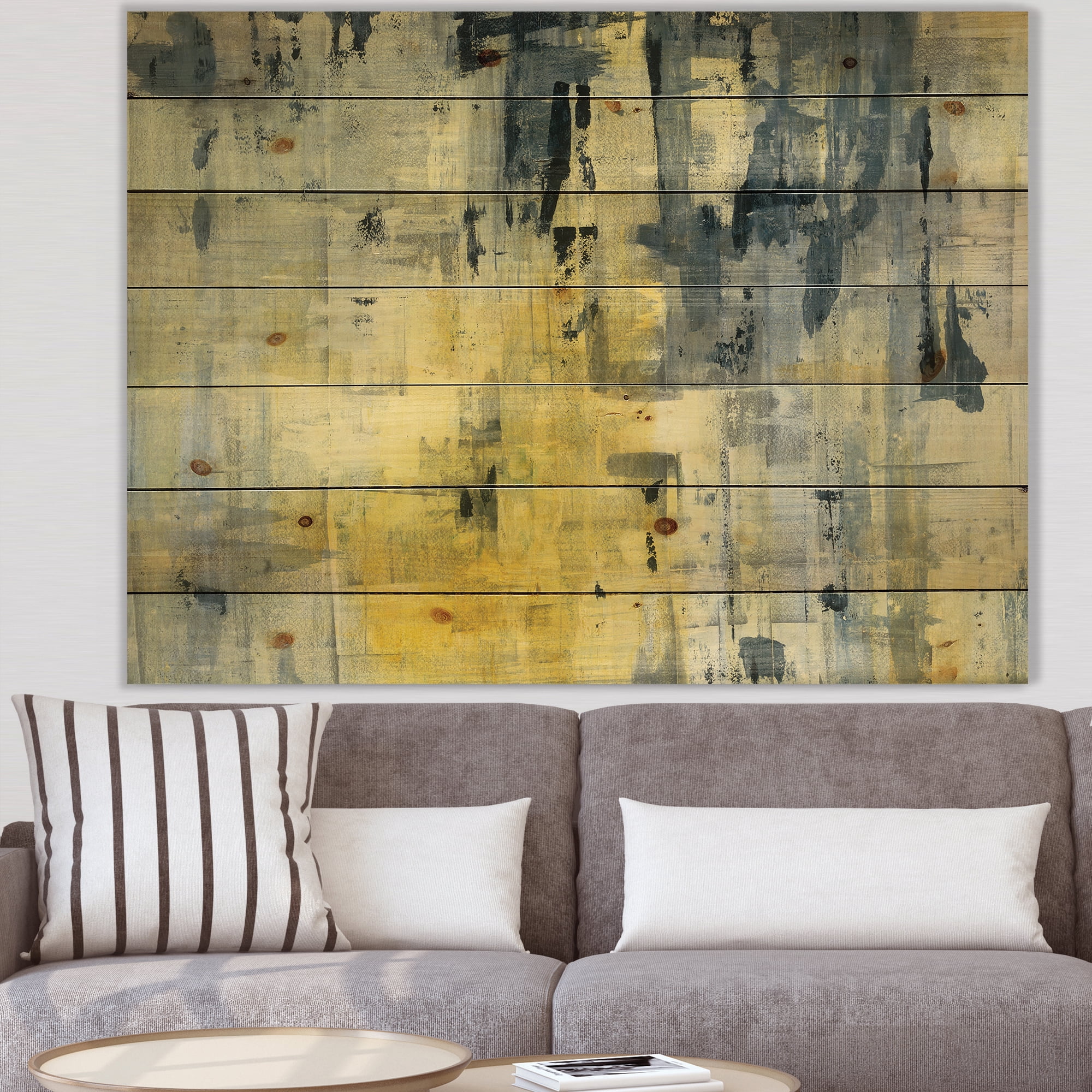 Designart 'Black and Yellow Element' Modern & Contemporary Print on Natural Pine Wood
