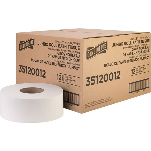 Genuine Joe 1-ply Jumbo Roll Bath Tissue - 1 Ply - 3.63" x 1200 ft - 8.88" Roll Diameter - White - Fiber - Sewer-safe, Septic Safe - For Bathroom - 12 / Carton | Bundle of 5 Cartons