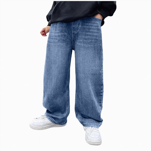OYXSER Kids Elastic Waist Jeans for Boys Baggy Straight Leg Loose Denim Pants with Pockets, Light Blue 9-10Y