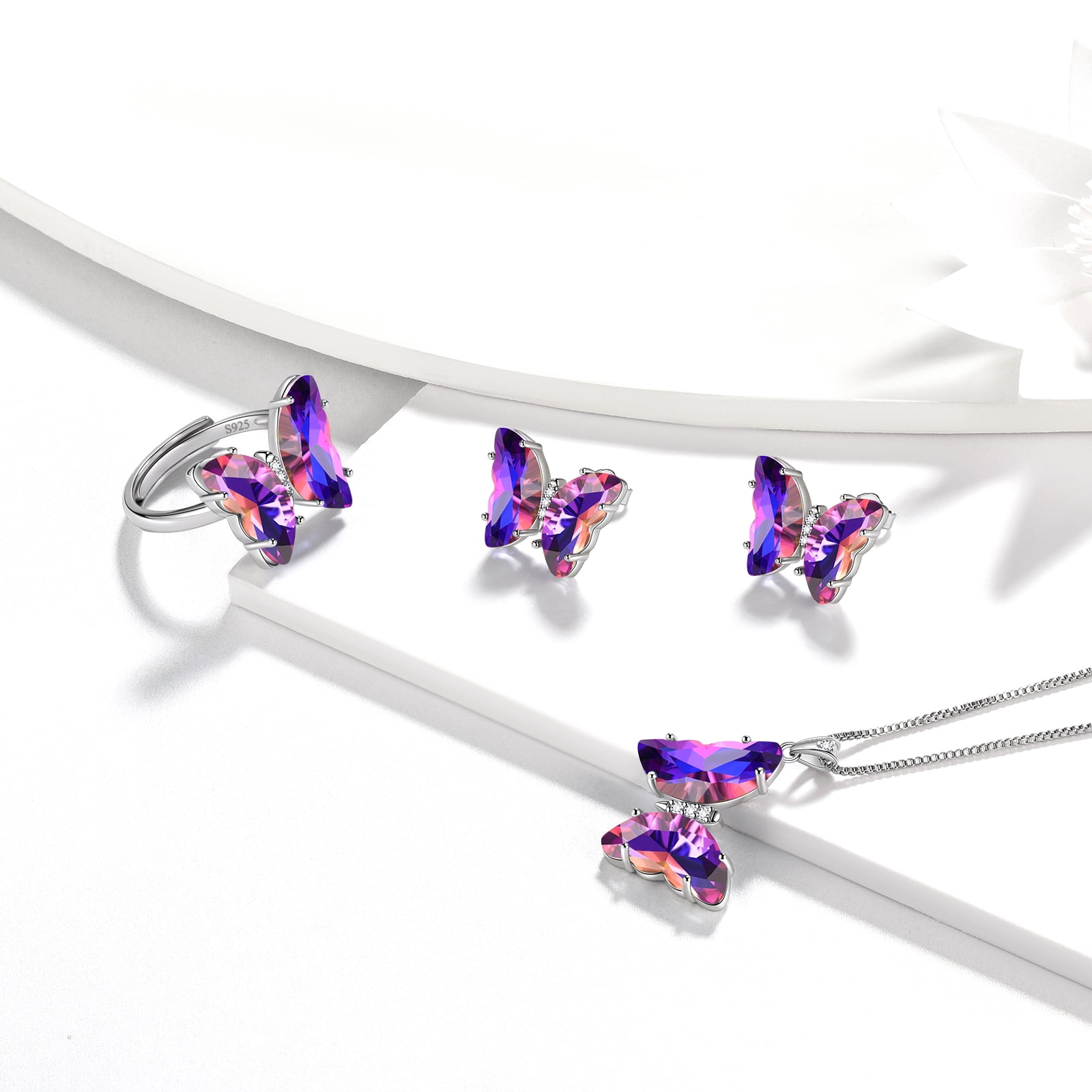 Purple Butterfly Jewelry Sets Earrings Necklace Ring, February Birthstone Jewelry Set Amethyst Sterling Silver Women Birthday Mother's Day Gifts