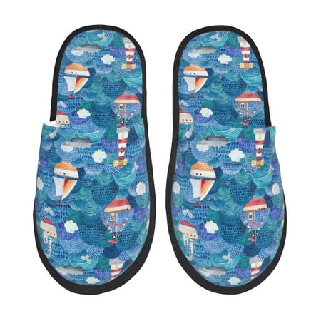 Balery Watercolor Ships Slient Indoor Furry Fleece Comfort House Shoes Soft Non-Slip Home Shoes Cotton slippers House Slippers-- Large