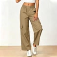 thumbnail image 4 of Tbopshirt Cargo Pants Women Pants for Women Solid Color Elastic Waist Multi-Pocket Wide Leg Cargo Pants,Khaki,S-XXL, 4 of 5