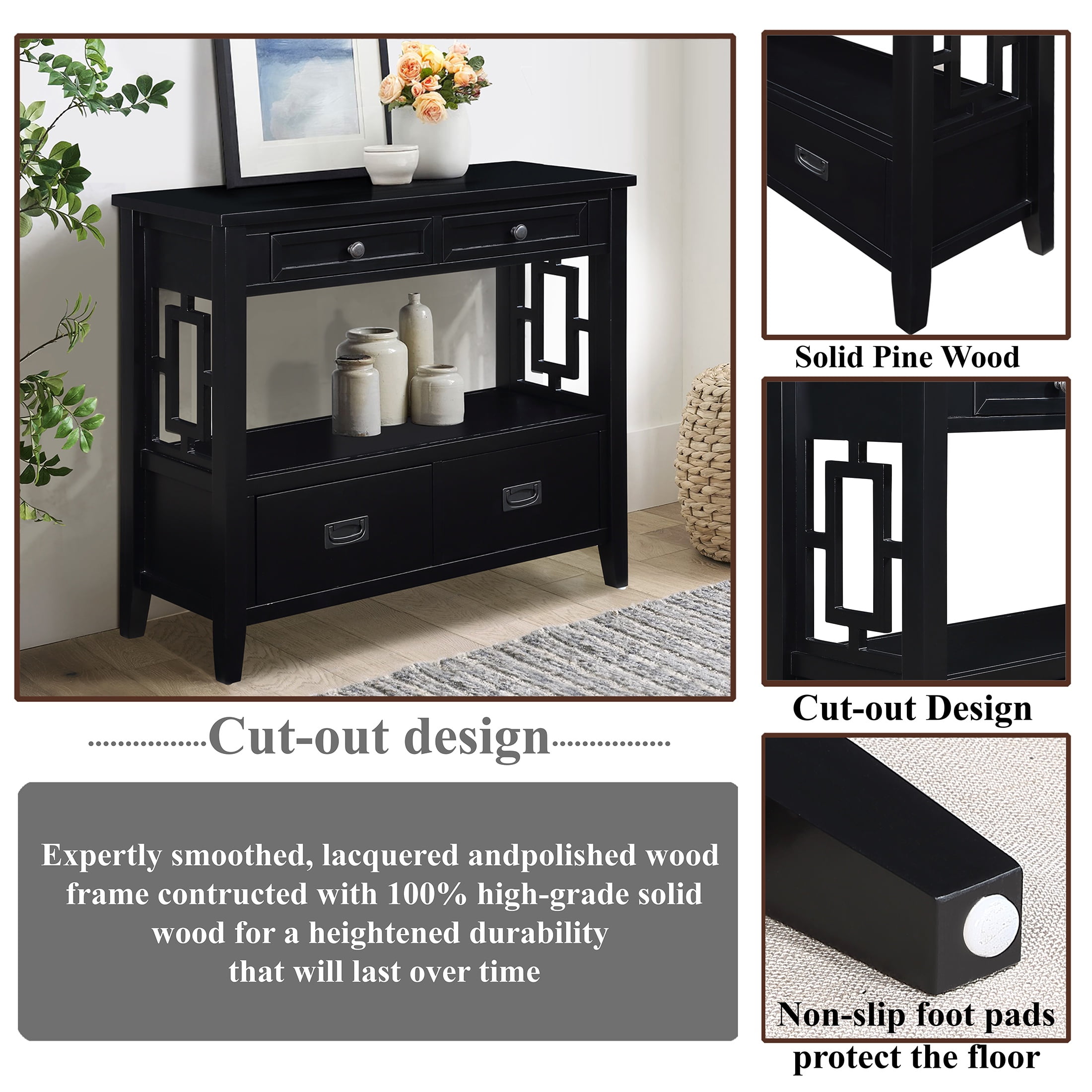 PORKISS Farmhouse Solid Wood Console Table, Entryway Table Hallway Table with 4 Drawers 1 Storage Shelf, Sofa Table for Living Room, Foyer, Black