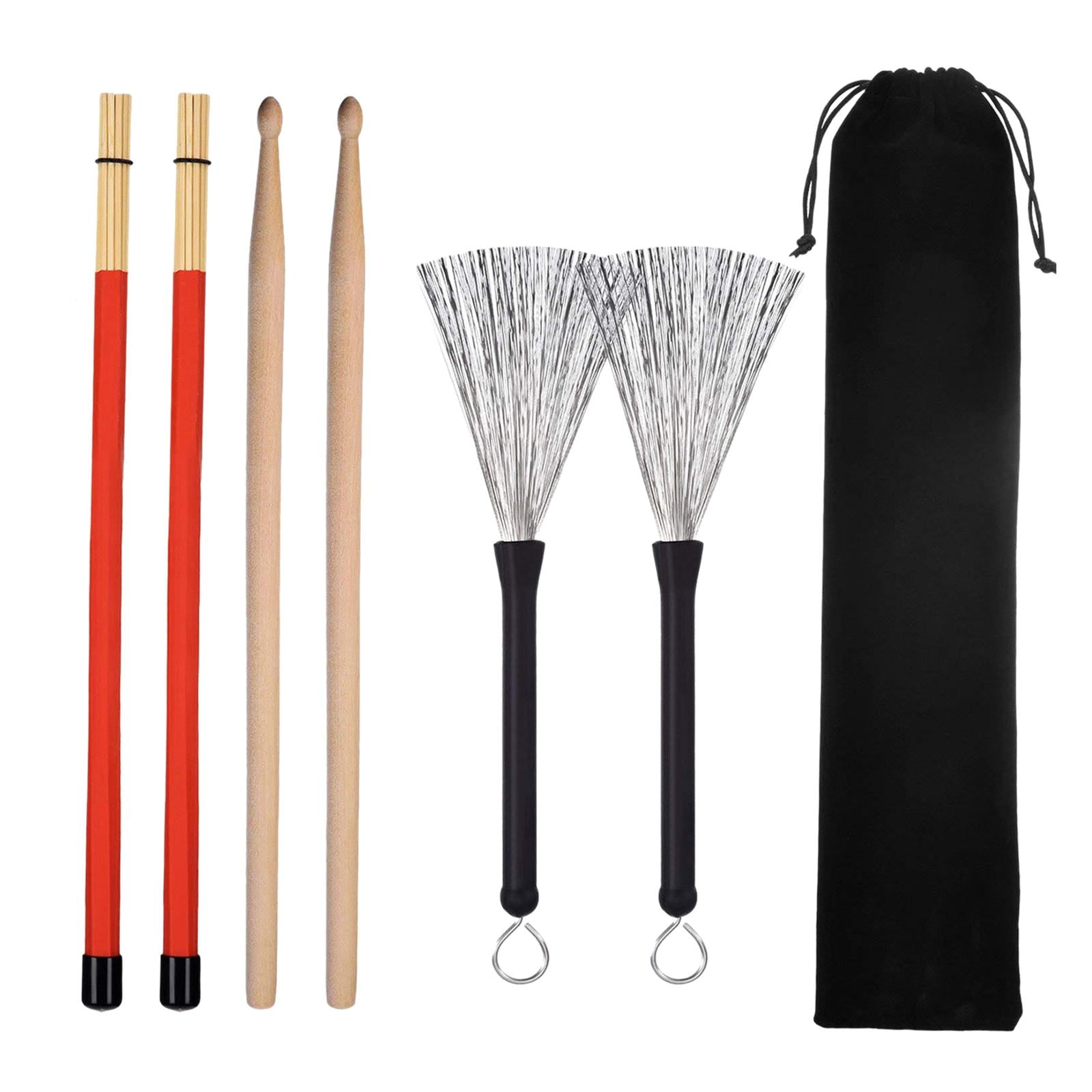 QccHieUs Drumsticks Set Durable and 1 Pair Rods Drum Brushes with Storage Pouch for Music