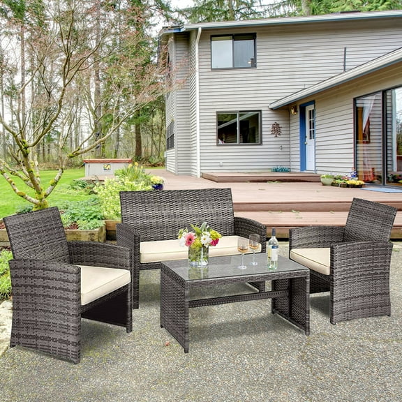 Gymax Fashion 4PCS Patio Outdoor Rattan Furniture Set Chair Loveseat Table Cushioned