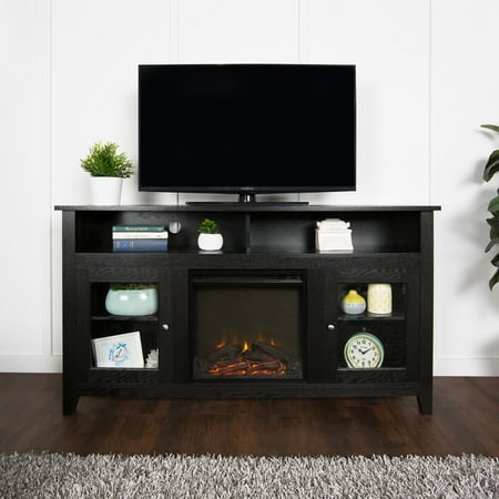 WE Furniture 58-inch Black Wood Highboy Fireplace TV Stand ...