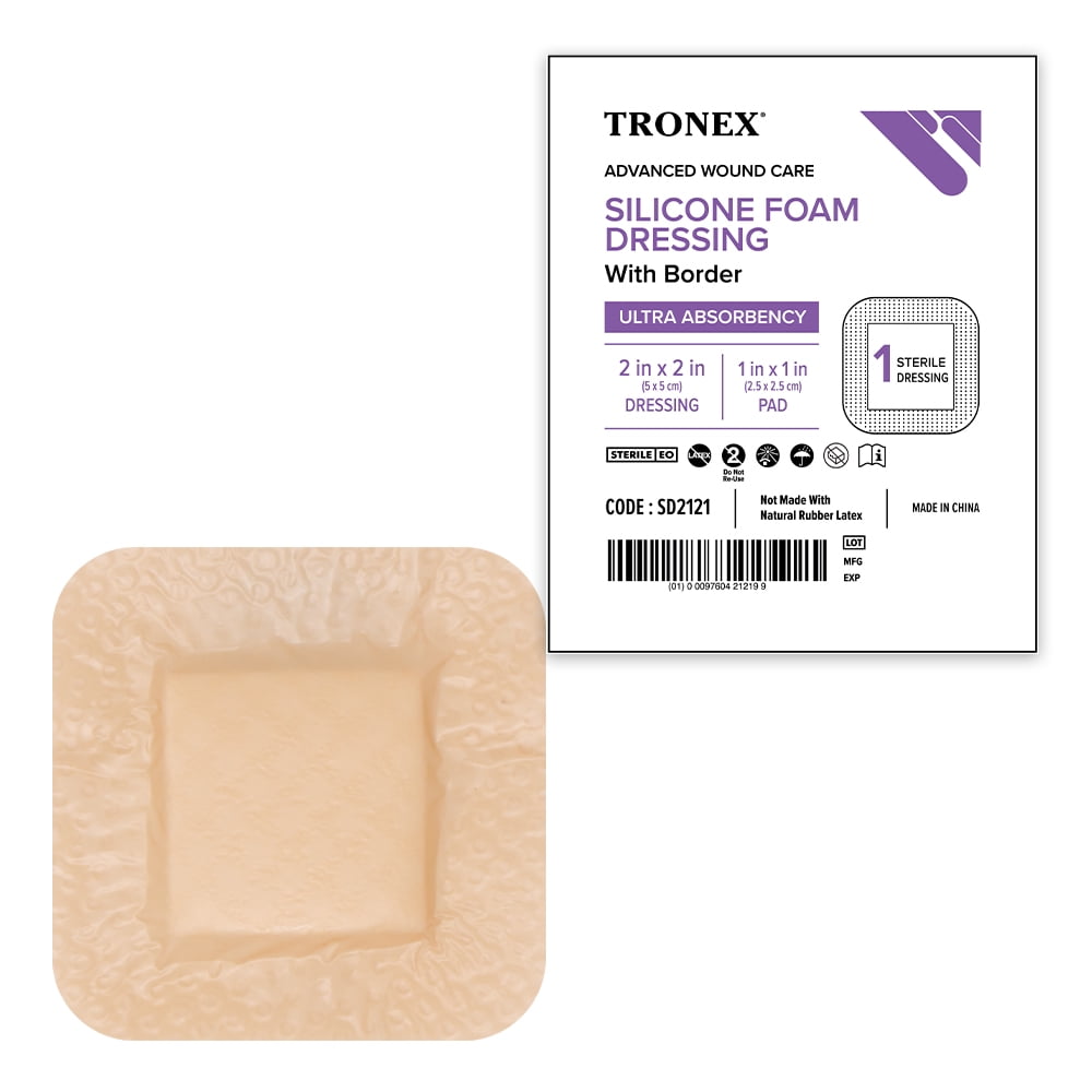 TRONEX SD2121 Silicone Foam Dressing 2”x2”, Adhesive Border, Waterproof, Sterile, Ultra Absorbency, Breathable, Advanced Wound Care, Gentle Removal, Latex Free, Beige, Pack of 100