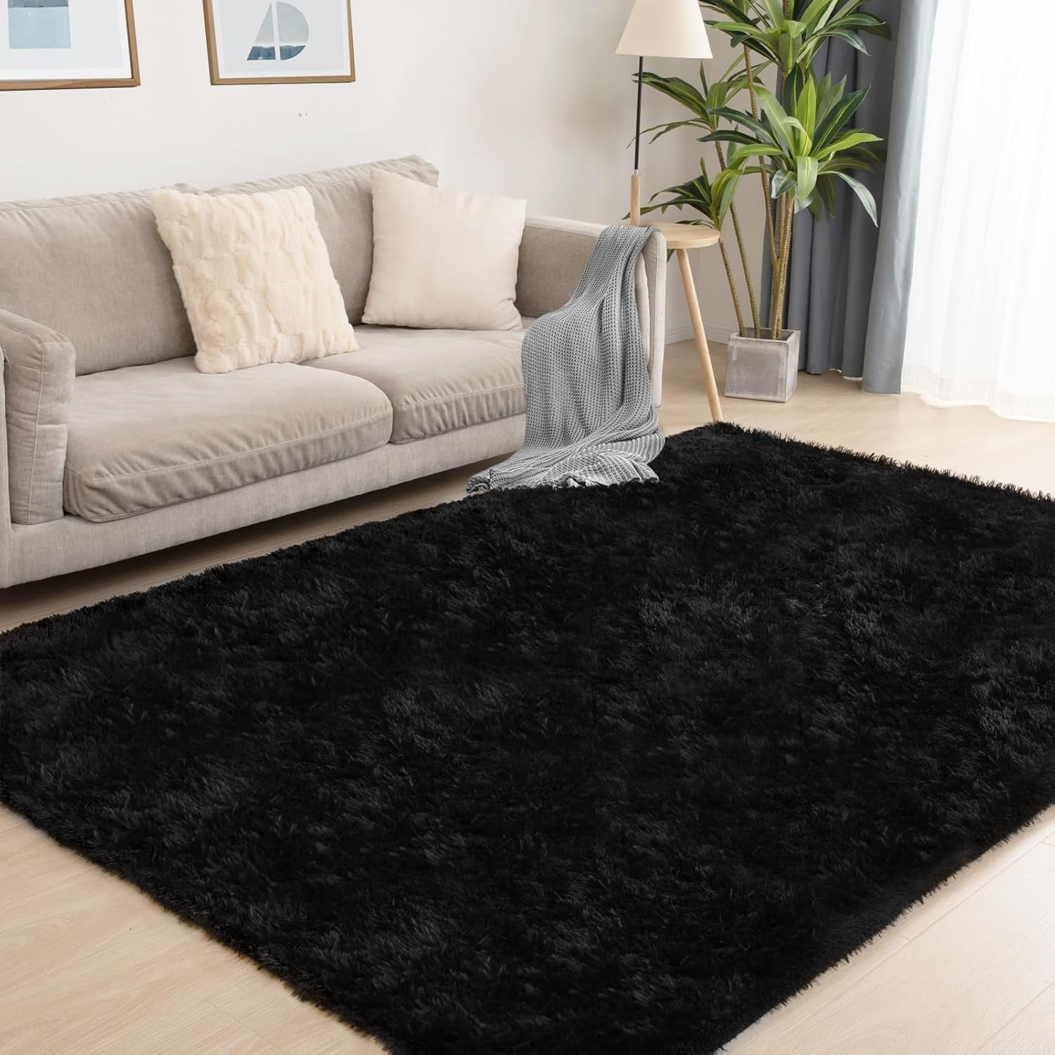 SUSUZI 5' x 7' Shaggy Area Rug, 2" Thick Ultra Plush Fluffy Carpet with Non-Slip PVC Backing, Black Modern Soft Rug for Bedroom Living Room Kids Room