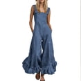 thumbnail image 3 of Lcziwo Ruffle Hem Overalls Pants for Women Wide Leg Sleeveless Solid Baggy Jumpsuits Elegant Runway Style One Piece Outfits with Pockets Dark Blue,XXL, 3 of 7