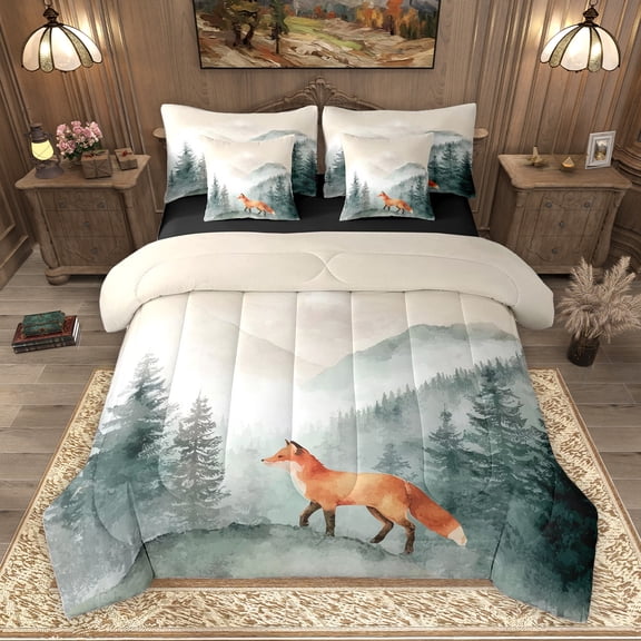 Homewish Jungle Animal Fox Twin Bedding Sets 7-Piece, Magic Wildlife Bedding Comforter Set, Rustic Nature Scenery Reversible Sheet Sets, Super Cozy Room Decor