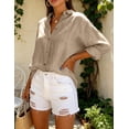 thumbnail image 4 of Women's Casual Plain Wrinkle Fabric 3/4 Sleeve Front Button Up Lapel Shirts, 4 of 6