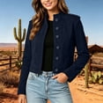 thumbnail image 5 of Women's Faux Suede Cropped Jacket Long Sleeve Stand Collar Button up Coat with Shoulder Pads & Lining Vintage Solid Casual Outerwear for Autumn Winter Navy, 5 of 7