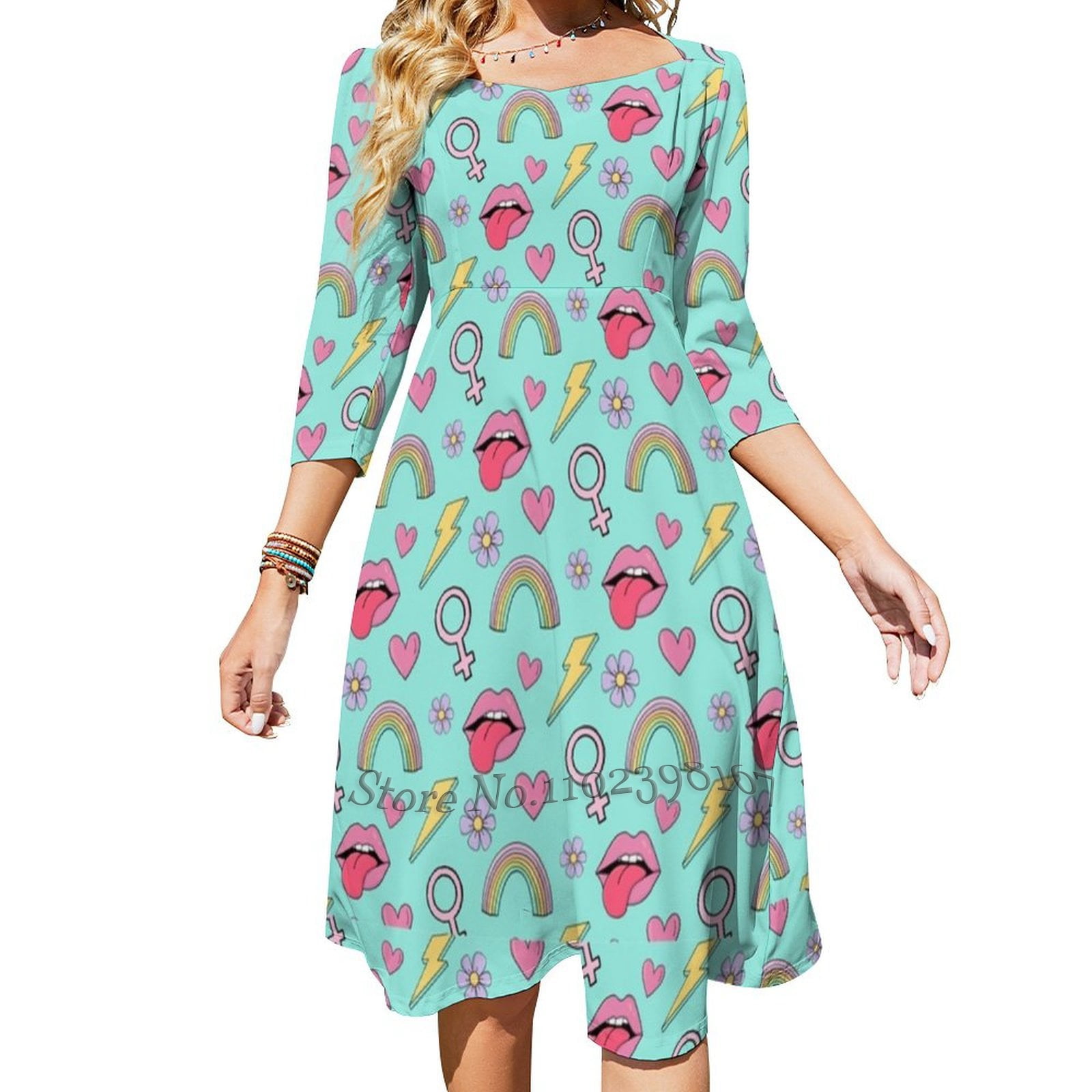 Aesthetic 90'S Retro Ranostalgia Girl Blue Flare Dress Square Neck Dress  Elegant Female Fashion Printed Dress 1990 90S Retro