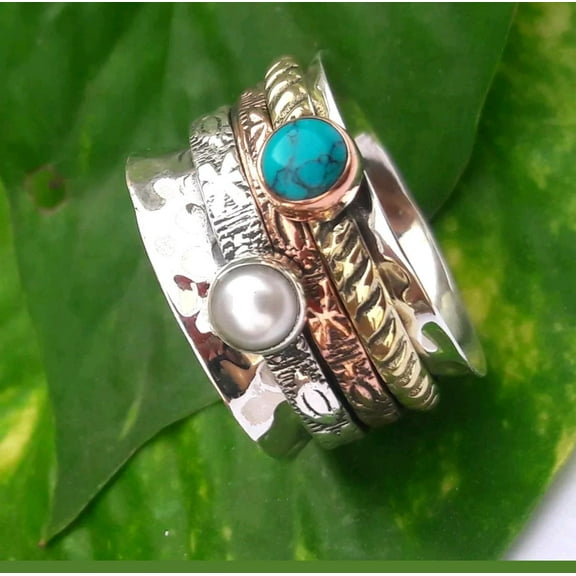Blue Turquoise & Freshwater Pearl Spinner Ring, 925 Sterling Silver Ring, Mixed Metal Ring, Meditation Jewelry, Cocktail Ring, Anxiety Ring*