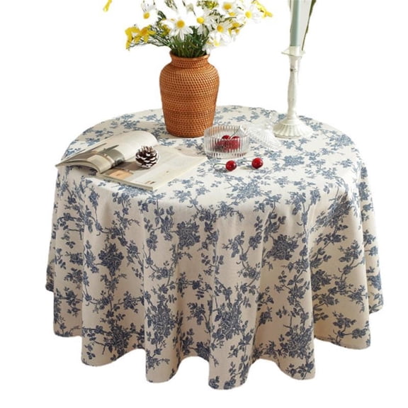 Cotton Vintage Round Tablecloth Floral Pastoral Table Cloth Washable Table Cover for Indoor&Outdoor,Farmhouse Decor,Picnic,Tabletop Decoration (Blue Floral, Round 55")